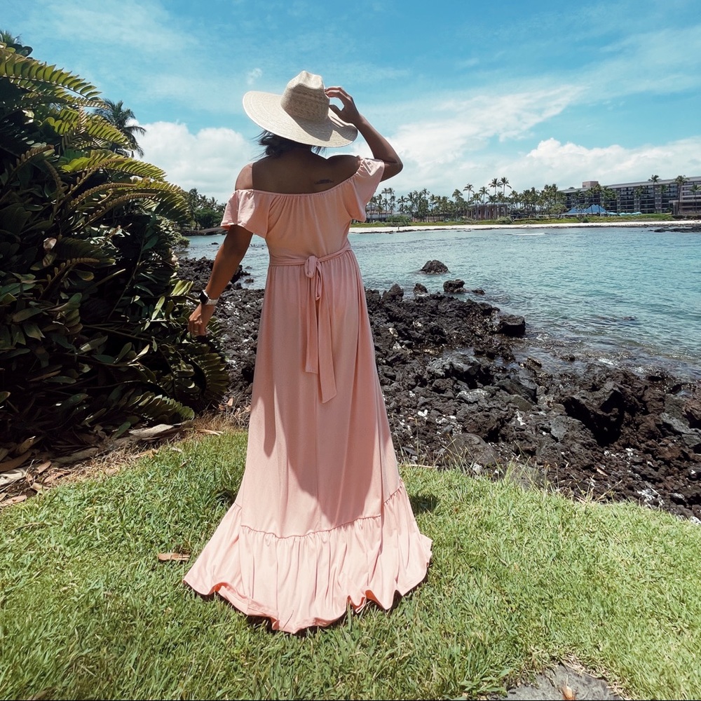 Soft peach maxi dress | off the shoulder | back tie | gathered bottom |
